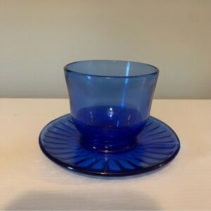Vintage 1940's Macbeth Evans Cobalt Blue Petalware Mustard Jar Attached Saucer